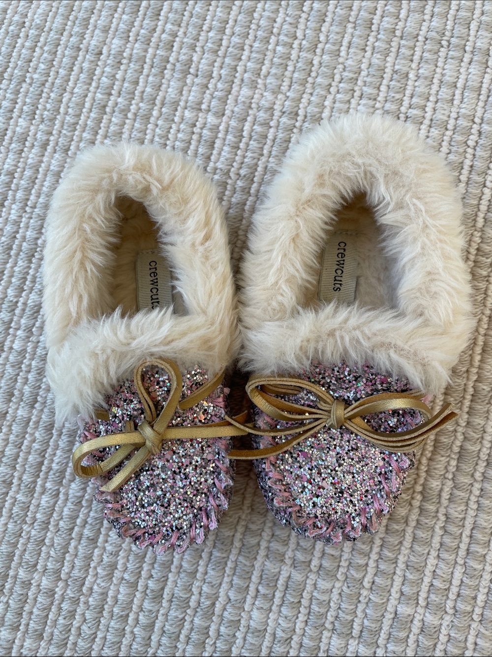 Crewcuts Pink Glitter Faux-Fur Bow Moccasin Slippers